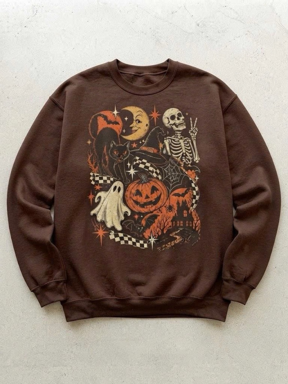 Vintage Brown Sweatshirt with Orange and Cream Halloween Graphic